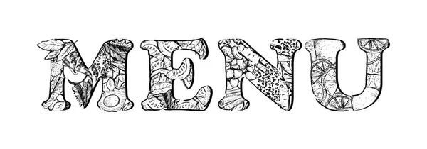 Вегетарианские Буквы Меню Дизайн Шаблон Буквами Заполнены Разнообразные Овощи Фрукты — стоковый вектор