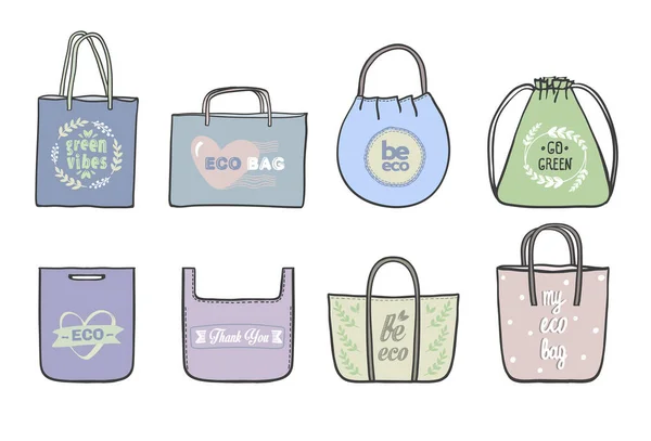 トートバッググラフィックシンボルセット 手描きベクトルイラスト付き盛り合わせ買い物袋 エコスタイル — ストックベクタ