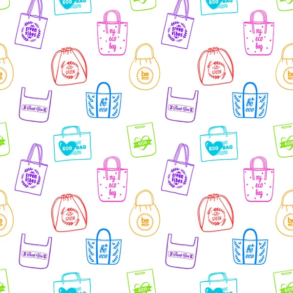 トートバッグシームレスパターンで買い物袋 手描きベクトルイラスト — ストックベクタ