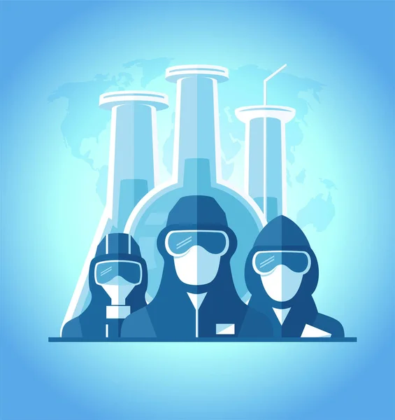 People Dressed Protective Suits Masks Test Tubes Backdrop Vector Banner — Stock Vector