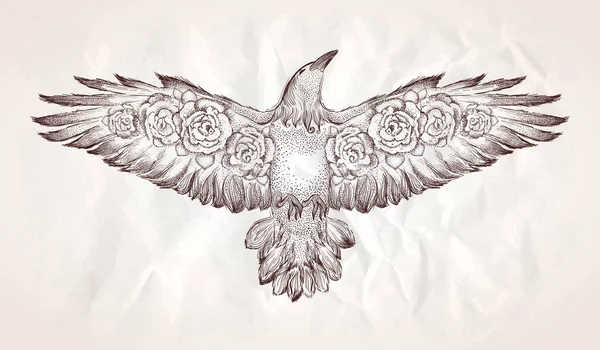 Pájaro Águila Voladora Con Rosas Bajo Sus Alas Ilustración Gráfica — Vector de stock