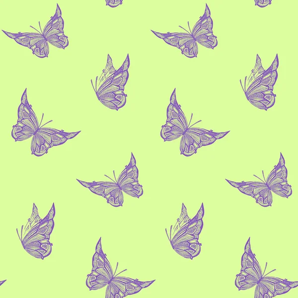 Bezproblémový Zelený Vzor Fialovými Létajícími Motýly Uměleckým Grafickým Vektorem Pozadí — Stockový vektor