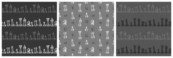 Set Chess Seamless Patterns Chess Figures Hand Drawn Vector Art — Stockvektor