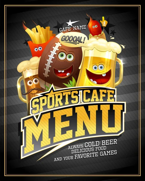体育咖啡店菜单覆盖设计模板与橄榄球球 有趣的啤酒瓶和金色字母 矢量插图 — 图库矢量图片