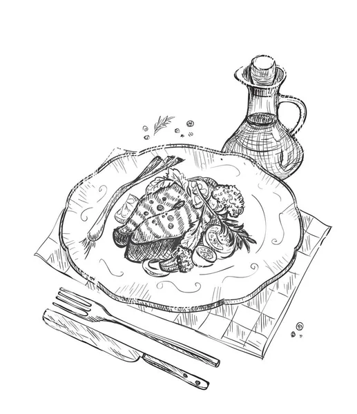 Graficzny Szkic Ilustracja Grillowanego Steka Łososia Talerzu Pomidorami Wiśniowymi Brokułami — Wektor stockowy