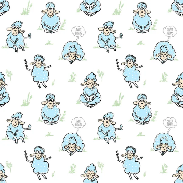 Funny Cartoon Sheeps Seamless Pattern Sheep Flower Sleeping Reading Walking — Stock Vector