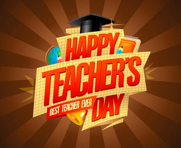 Happy Teacher Day Card Golden Ribbon Best Teacher Ever Web — Stock Vector