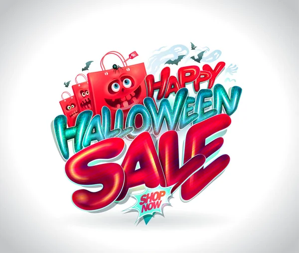 Happy Halloween Sale Web Banner Vector Template Funny Shopper Bags — Stock Vector
