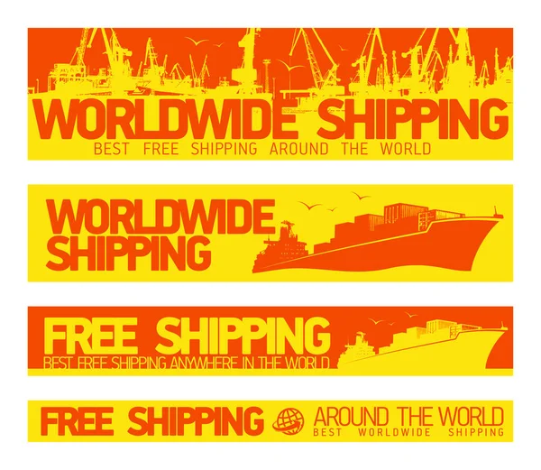 貨物船とポートシルエットと世界中の送料無料ウェブバナーベクトルセット — ストックベクタ