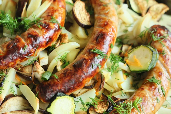 Close Roasted Vegetables Sausages Greens Homemade Food — Stock Photo, Image