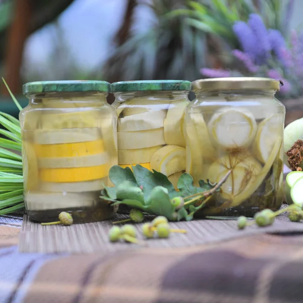 Home Preservation Fermented Zucchini Outdoor Summer Photo — Stock Photo, Image