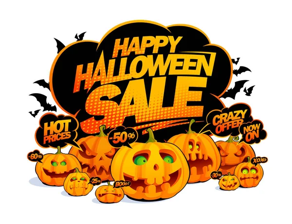 Feliz Halloween Venta Web Pancarta Con Hablar Descuentos Multitud Calabazas — Vector de stock