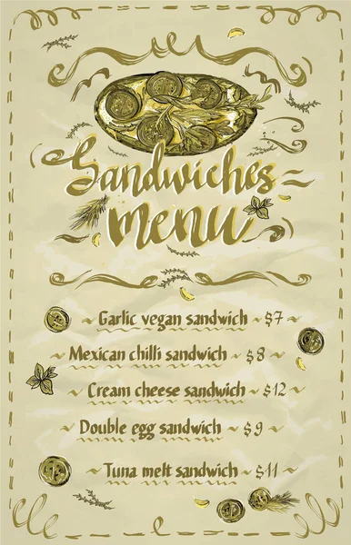 三明治菜单 附有手工绘制的西红柿三明治图形草图 复古风格 — 图库矢量图片