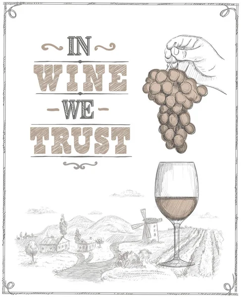 ワインでは 文字の引用句のデザインを信頼し 手描きのグラフィックイラストを持つワインポスターブドウとワインのガラスの束を保持する男の手 — ストックベクタ