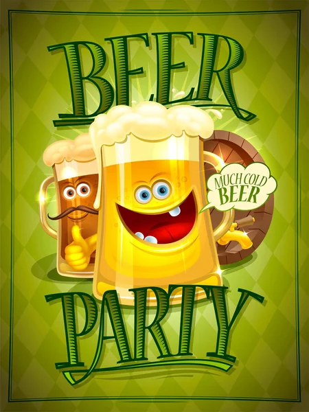 ビールパーティーのポスター 招待状または漫画幸せなビールマグカップのパーソナライズとウェブバナーデザイン — ストックベクタ