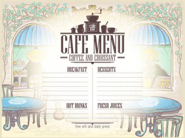 Eski stil sokak kafe ve metin yeri için klasik stil grafik illüstrasyonlu kafe menü listesi