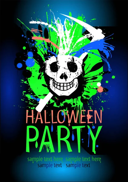 Halloween Party Plakat Wektor Szablon Grunge Czaszki Neon Zielone Plamy — Wektor stockowy