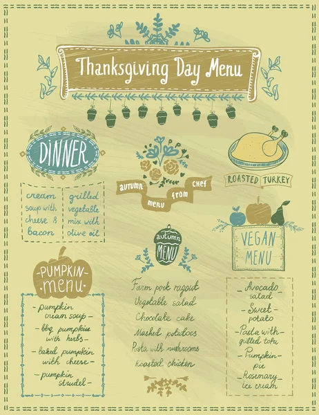Happy Thanksgiving Day Holiday Menu Template Dinner Pumpkin Vegan Menu — Stock Vector
