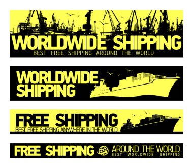 Worldwide free shipping web banners set with cargo ships and sea port silhouettes clipart