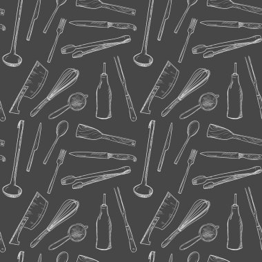 Mutfak aletleriyle grafiksiz desen, el çizimi mutfak gereçleri