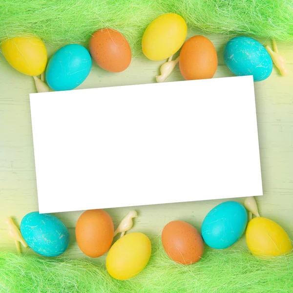 Empty Easter Blank Card Easter Colored Eggs Backdrop — Stock Photo, Image