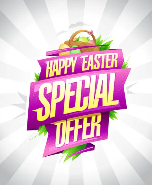 Happy Easter Special Offer Flyer Design Met Linten Een Mandje — Stockvector
