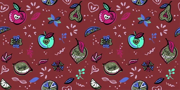 Vegan Style Seamless Vector Pattern Fruit Vibrant Fantasy Colors Background — Stock Vector