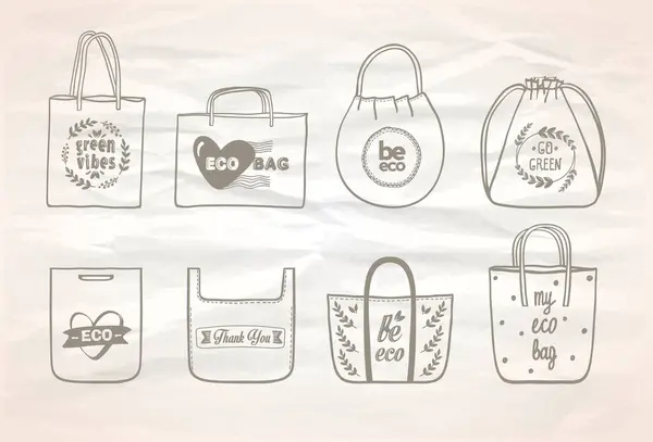 Buruşuk Bir Kağıda Yerleştirilmiş Çantalar Eko Biçimi Çeşitli Alışveriş Torbalarıyla — Stok Vektör