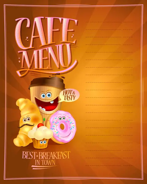 咖啡店的菜单标志板的设计模型与空白处的文字和咖啡 羊角面包 松饼和甜甜圈卡通人物 — 图库矢量图片#