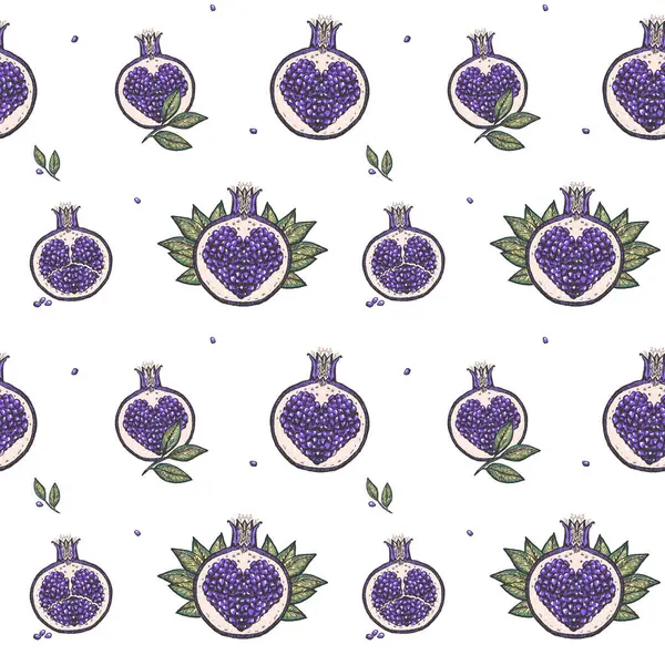 紫罗兰仙女石榴的无缝矢量图案与可爱的手绘石榴水果草图符号 心形种子里面 老式风格打印 — 图库矢量图片#