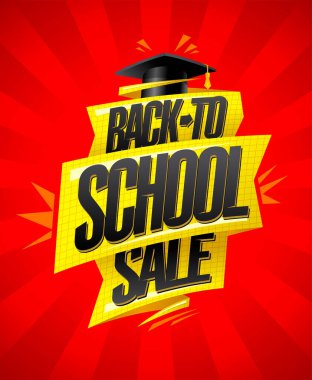 Back to school sale vector poster design with graduation cap and golden ribbon