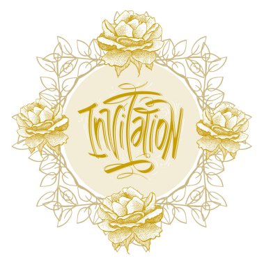 Klasik çiçek desenli, güllü ve altın harfli hafif ve nazik bir davetiye kartı şablonu. El çizimi vektör illüstrasyonu