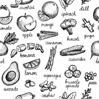 Sebzeli, fındıklı ve yeşillikli siyah beyaz desen. Harfli vektör grafik çizimi kusursuz arkaplan