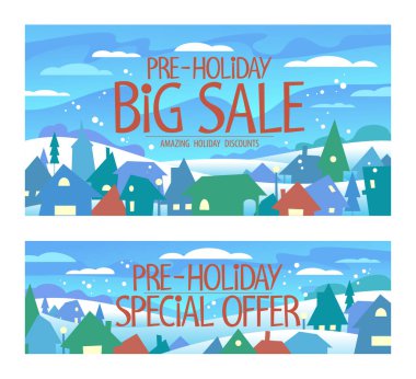 Tatil öncesi büyük indirimler, tatil öncesi özel teklifler, Noel indirimleri, kışın karlı şehir manzaralarıyla kurulmuş taşıyıcı pankartlar.