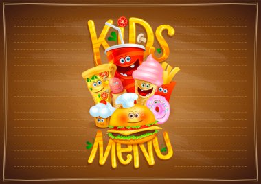 Kids menu list design concept with hot dog, burger, fries, pizza, donut, ice cream, muffin and drink as a cartoon personages, empty space for text clipart