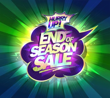 Sezon sonu satışı, acele edin, vektör satışı afişi veya poster tasarımı, altın harfli ve yeşil ışınlar arka planda.