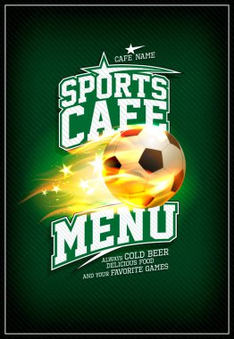 Koyu yeşil zeminde uçan ateşli futbol topuyla birlikte spor kafe menü kartı şablonu