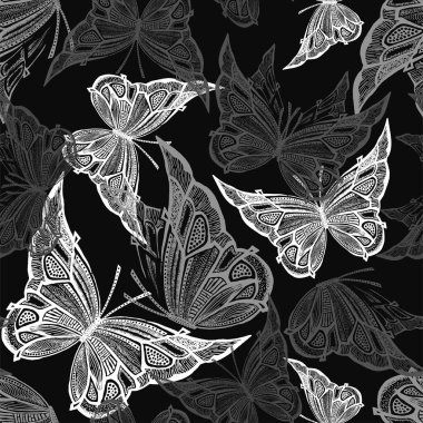 Uçan kelebekler pürüzsüz desenli eller çizilmiş sanat siyah ve beyaz vektör arka plan