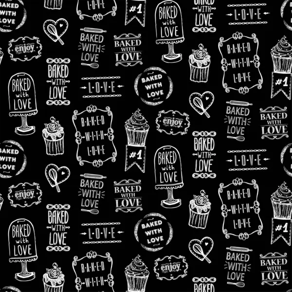Sevgi ifadeleri, hamur işleri ve sembollerle pişirilmiş kusursuz tebeşirsiz klasik el çizimi siyah beyaz desen.