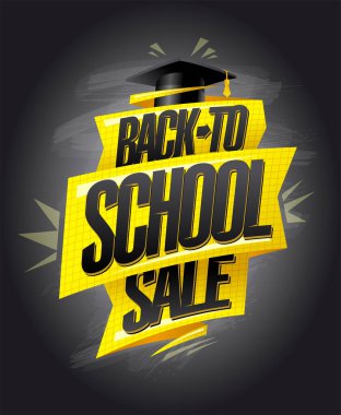 Mezuniyet şapkası ve karatahtaya karşı altın kurdeleli okul satış vektör tasarımına