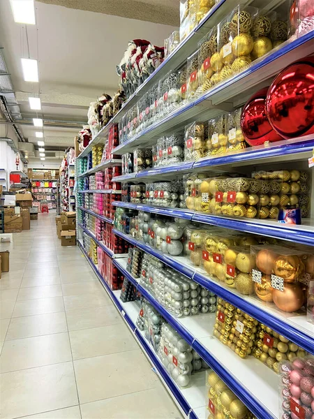 Tienda Navidad Compras Selección Decoraciones Navideñas Cestas Supermercado Con Productos — Foto de Stock