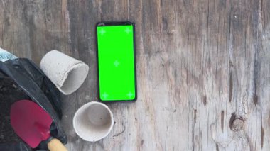 Teras / balkonda nasıl yiyecek yetiştirilir? Tohumlar ve bahçe işleri için aletler. Boş yeşil ekranlı akıllı telefon, boşluğu kopyala