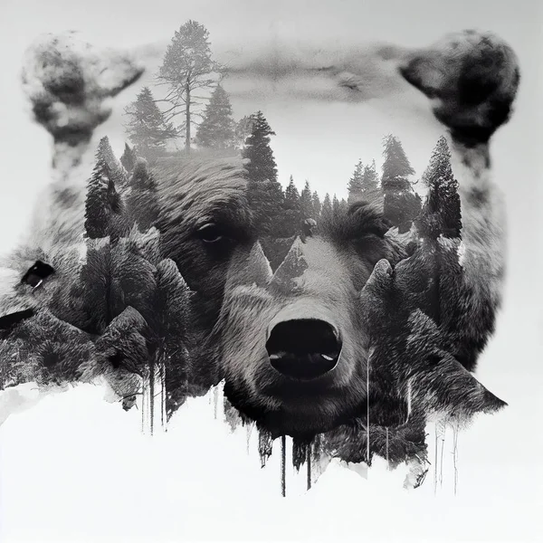Doppelbelichtung Bilder Vom Bären Und Dem Wald — Stockfoto
