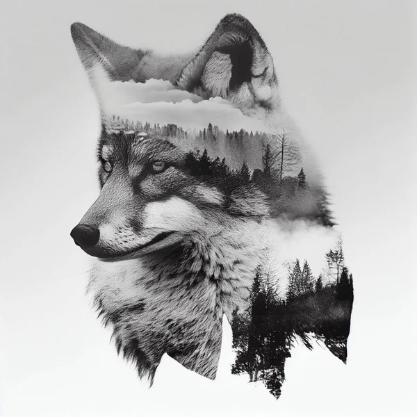 Podwójna Ekspozycja Zdjęcia Wilków Lasów — Zdjęcie stockowe
