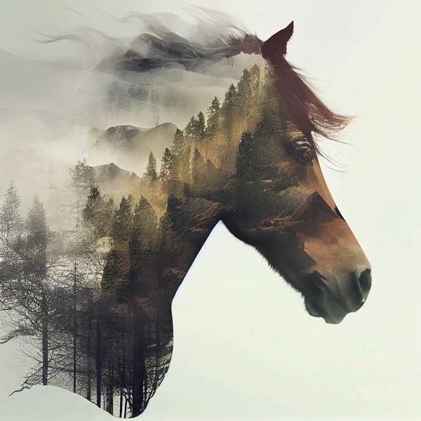 Double Exposure Horse Forest — Stock Photo, Image