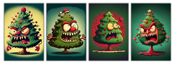 一套圣诞树的漫画 满脸怒容的圣诞树 — 图库照片