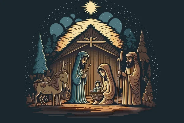 Született Keresztény Karácsonyi Jelenet Egy Egyszerű Karácsonyi Rajz — Stock Fotó