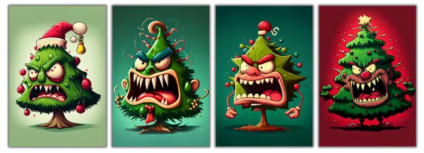 Set Caricatures Christmas Trees Christmas Trees Angry Faces — Stock Photo, Image