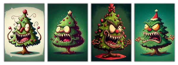 一套圣诞树的漫画 满脸怒容的圣诞树 — 图库照片