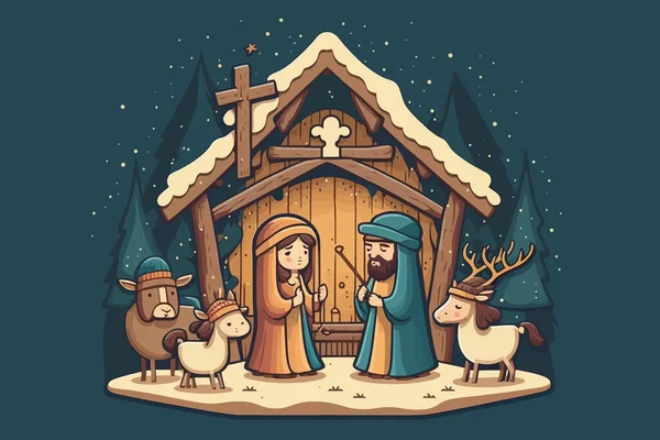 耶稣降生的圣诞场景 一张简单的圣诞绘画 — 图库照片